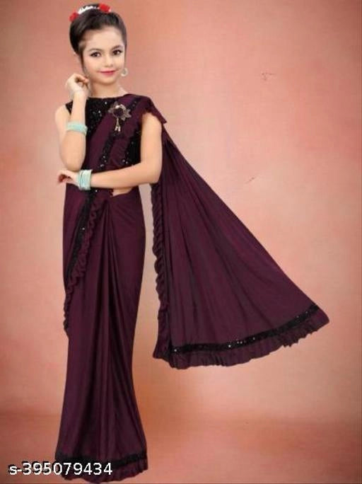 Lycra Solid Saree for Girls (Wine, 6-7 Years)